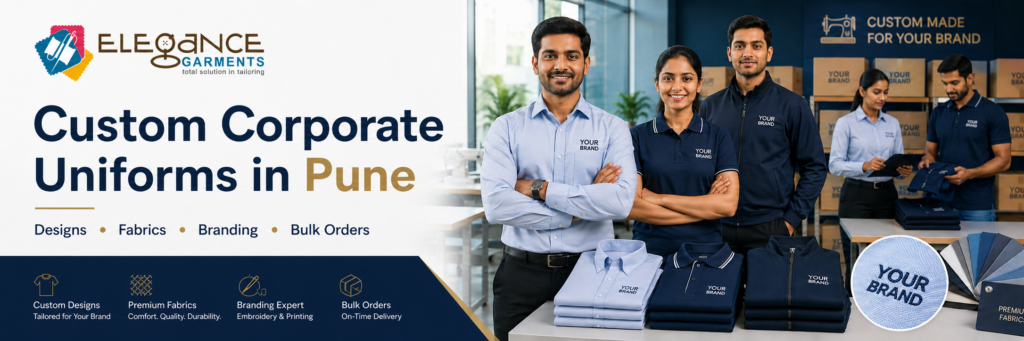 Custom corporate uniforms in Pune by Elegance Garments with branded shirts, polo T-shirts and jackets