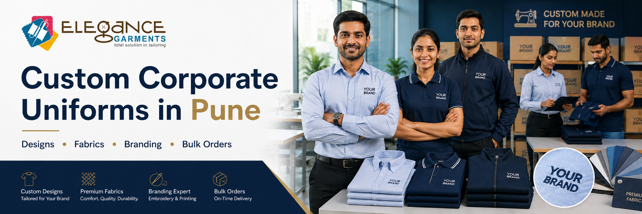 Custom corporate uniforms in Pune by Elegance Garments with branded shirts, polo T-shirts and jackets
